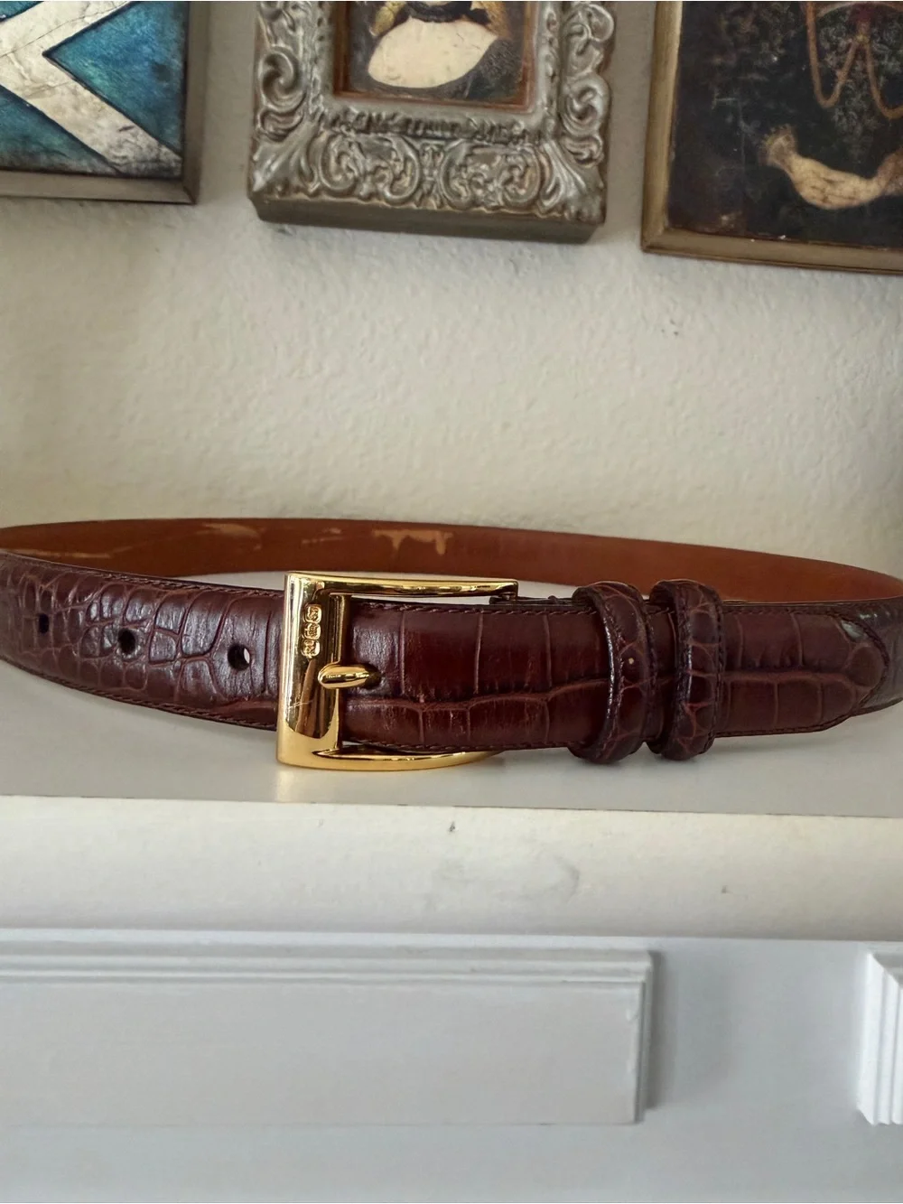 Ralph Lauren Brown Croc Embossed Leather Belt Gold Buckle Size Medium 37
